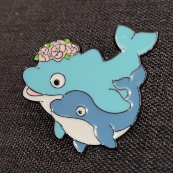 Mother & Child Floral Blue Dolphins Enamel Pin - Picture 1 of 10